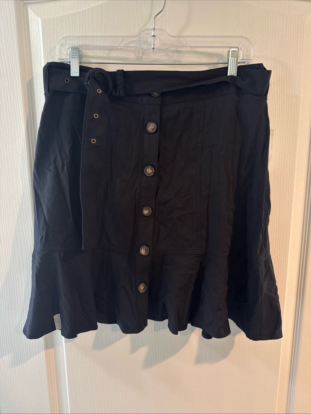 Nine West Black Button-Front Ruffle Hem Skirt with Belt